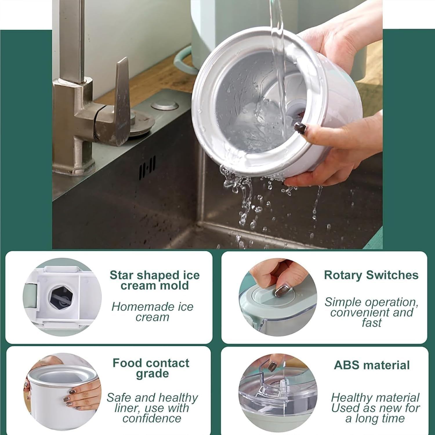 CKIKH Ice Cream Maker Machine 1L Fully Automatic Soft Serve Ice Cream Machine Frozen Yoghurt Machine with Detachable Mixing Paddle Soft Serve Dessert Makers for Family Recipes (Light Green, Small) - Green image number 4