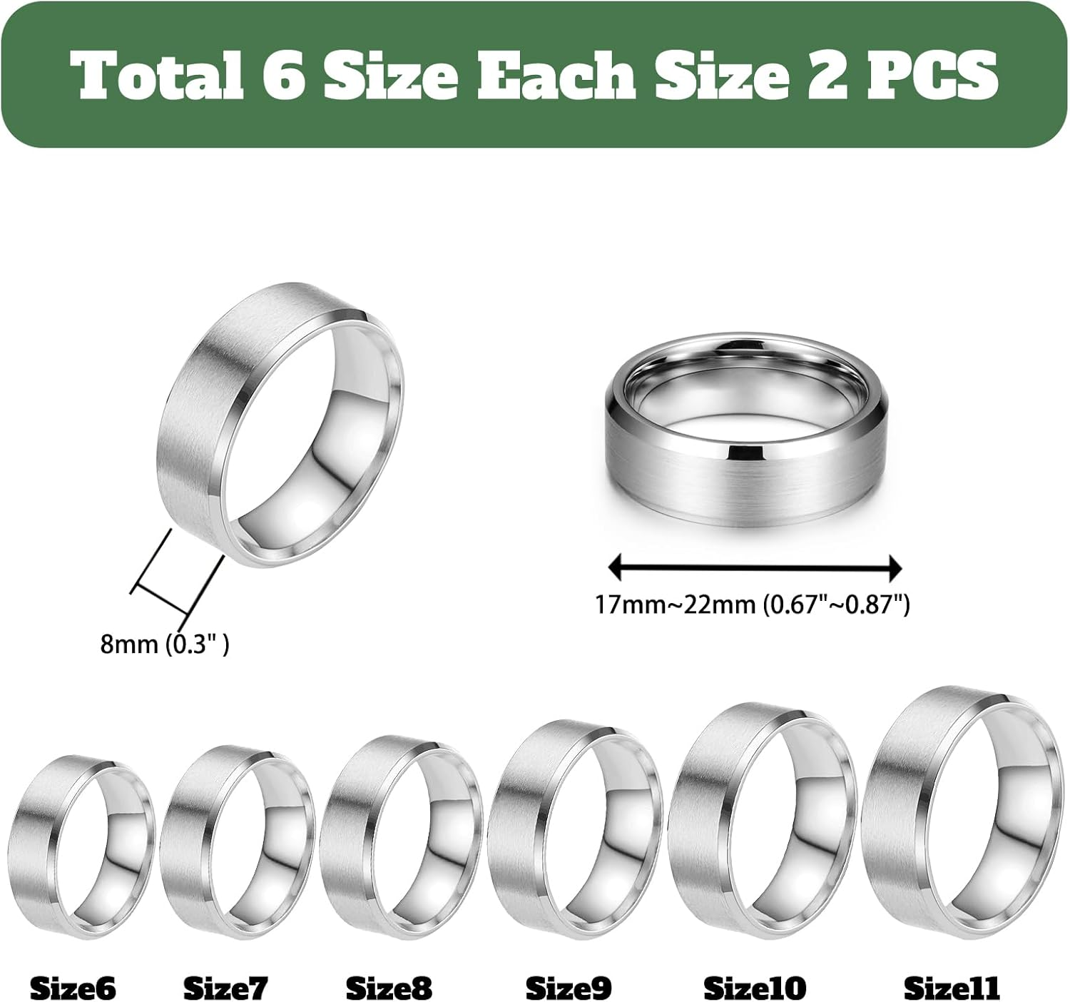 Happtkey 18PCS Stainless Steel Blank Core Ring 8Mm Plain Inlay Finger Rings round Solid Metal Band Size 6/7/8/9/10/11 Comfort Simple Brushed Matte Polished Silver Wedding Ring for DIY Jewelry Making