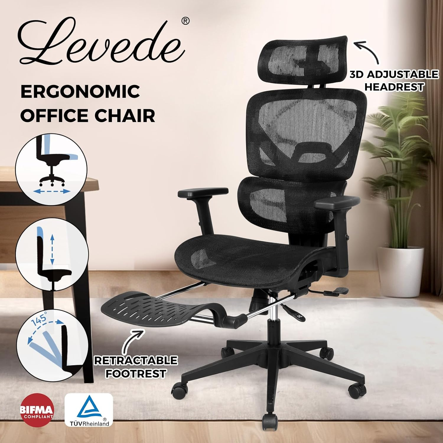 LEVEDE Ergonomic Office Chair with Foot Rest, Mesh Office Chair 4D Adjustable Armrest and Office Chair Lumbar Support, 150Kg Capacity Reclining Wide Home Office Desk Chairs(Black) - Brown image number 6
