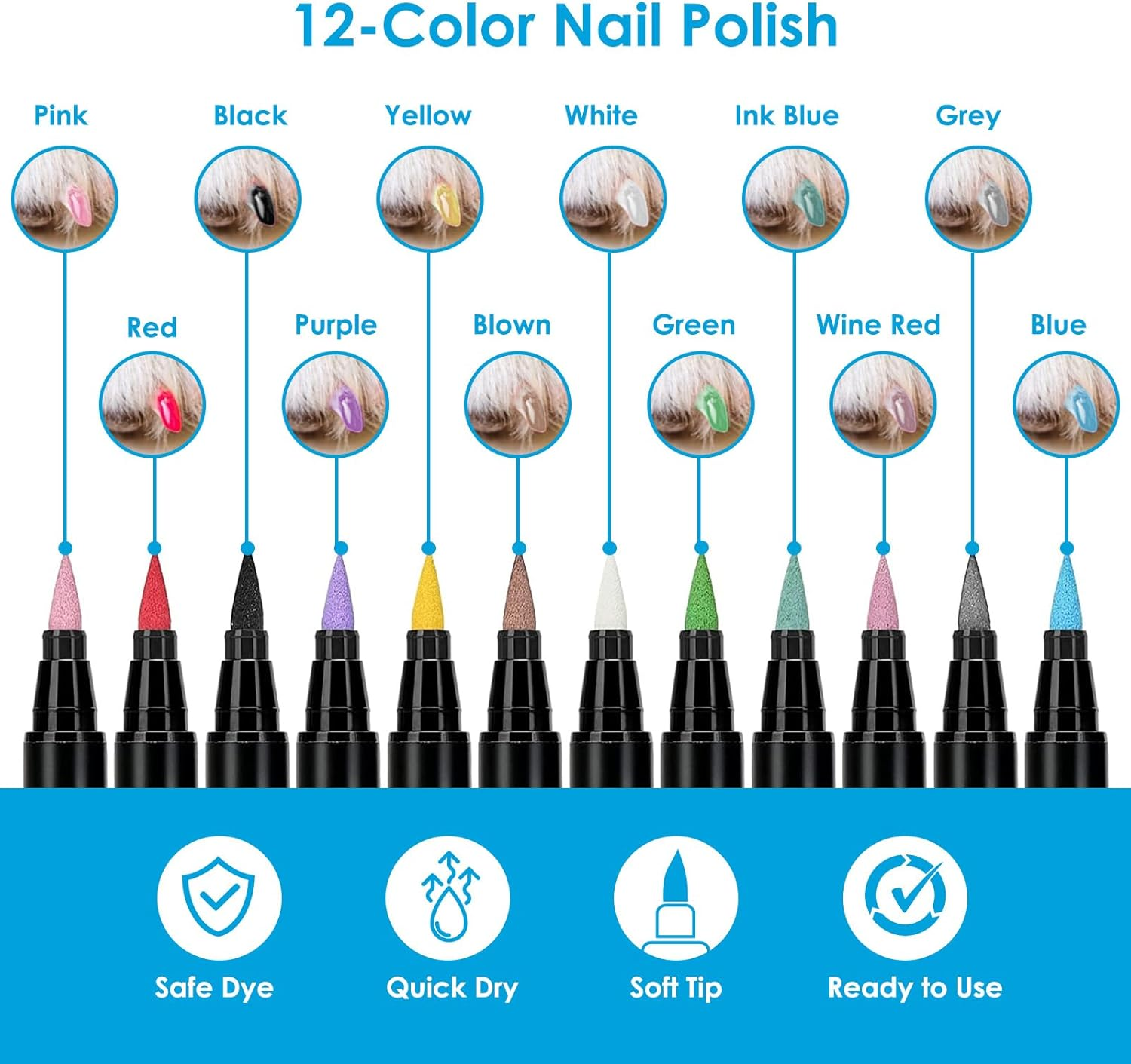Dog Nail Polish,12 Colors Pet Paint Pen Set to DIY Beautiful Dog Nails Ideas,Safe Nail Polish Non Toxic and Odorless, Fast Drying Pet Paint Pen Set image number 5