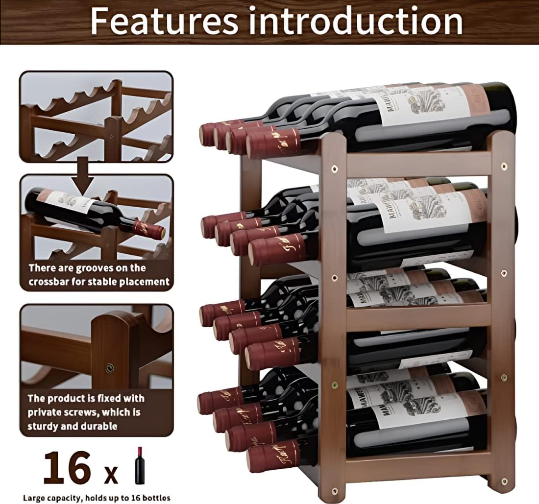 4 Tiers Bamboo Wine Rack, Wooden 16-Bottle Display Wine Bottle Storage Holder, Freestanding Bottle Bar for Home Kitchen Cabinet image number 3