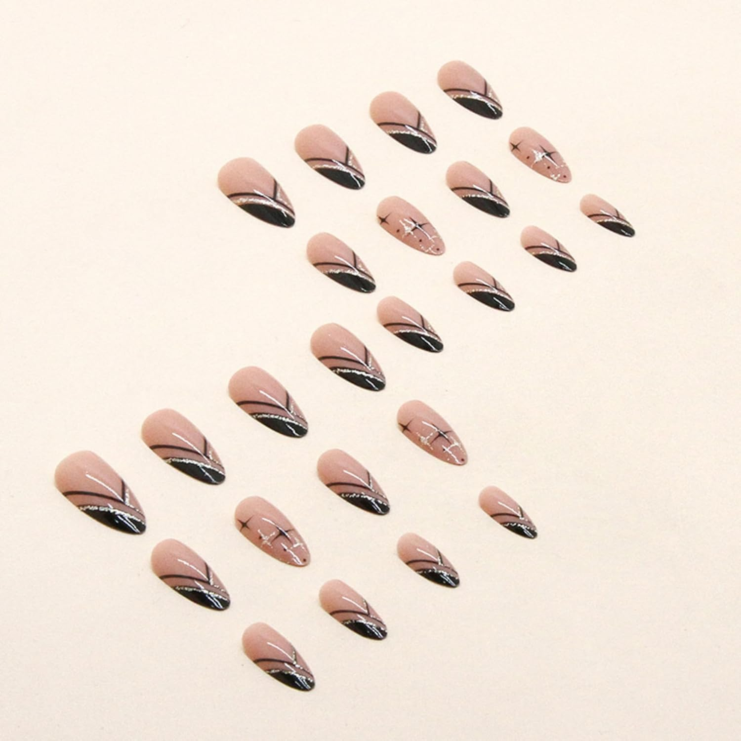 Press on Nails 24Pcs Acrylic French Full Cover False Nails Light Color Almond Fake Nail Women Girls Daily Decoration Nail Extension Easy DIY Black Line image number 2