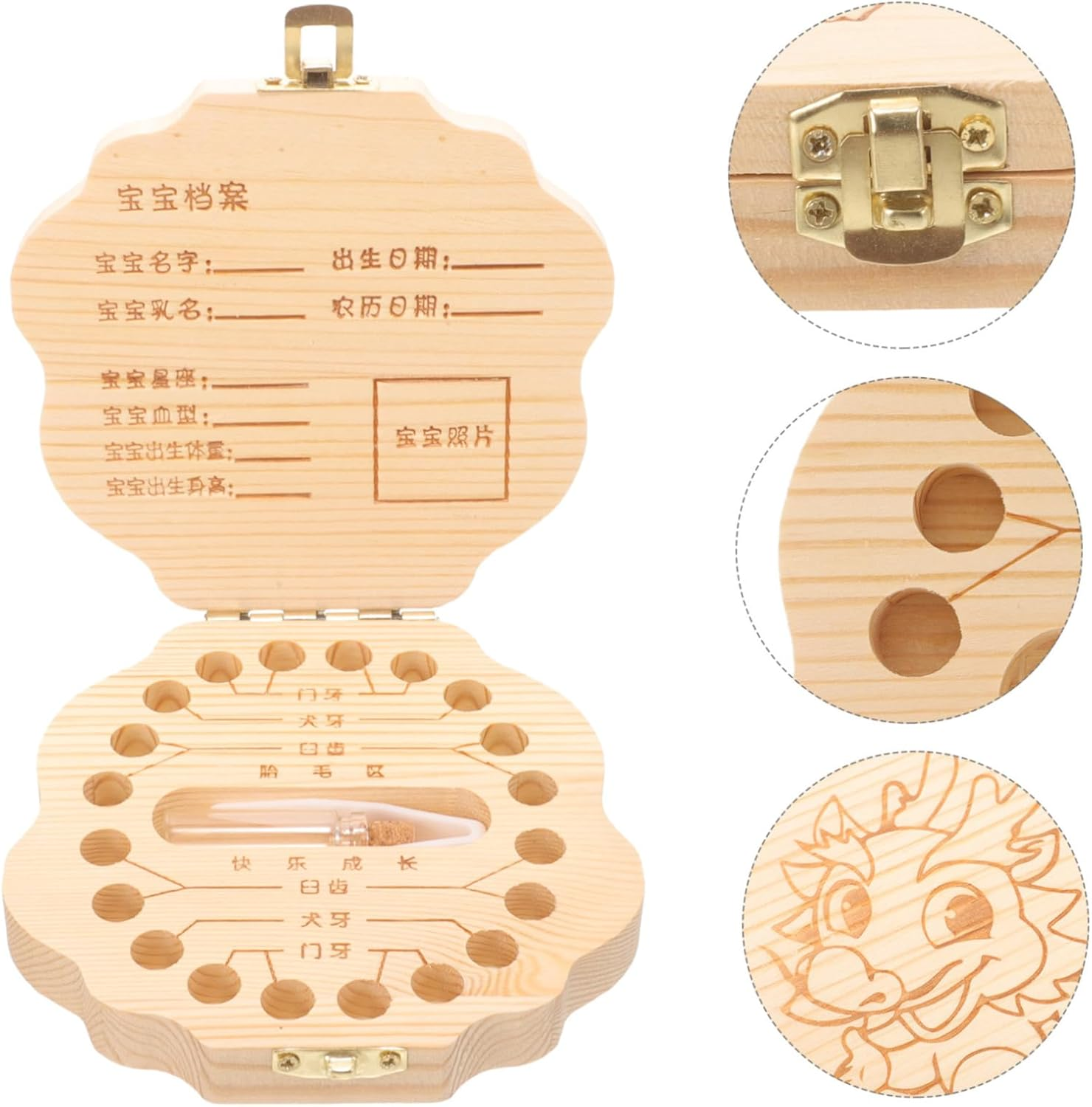 Kisangel Year Old Boy Teeth Keepsake Box Deciduous Teeth Storage Case Wooden Material Chinese Zodiac Dragon Design