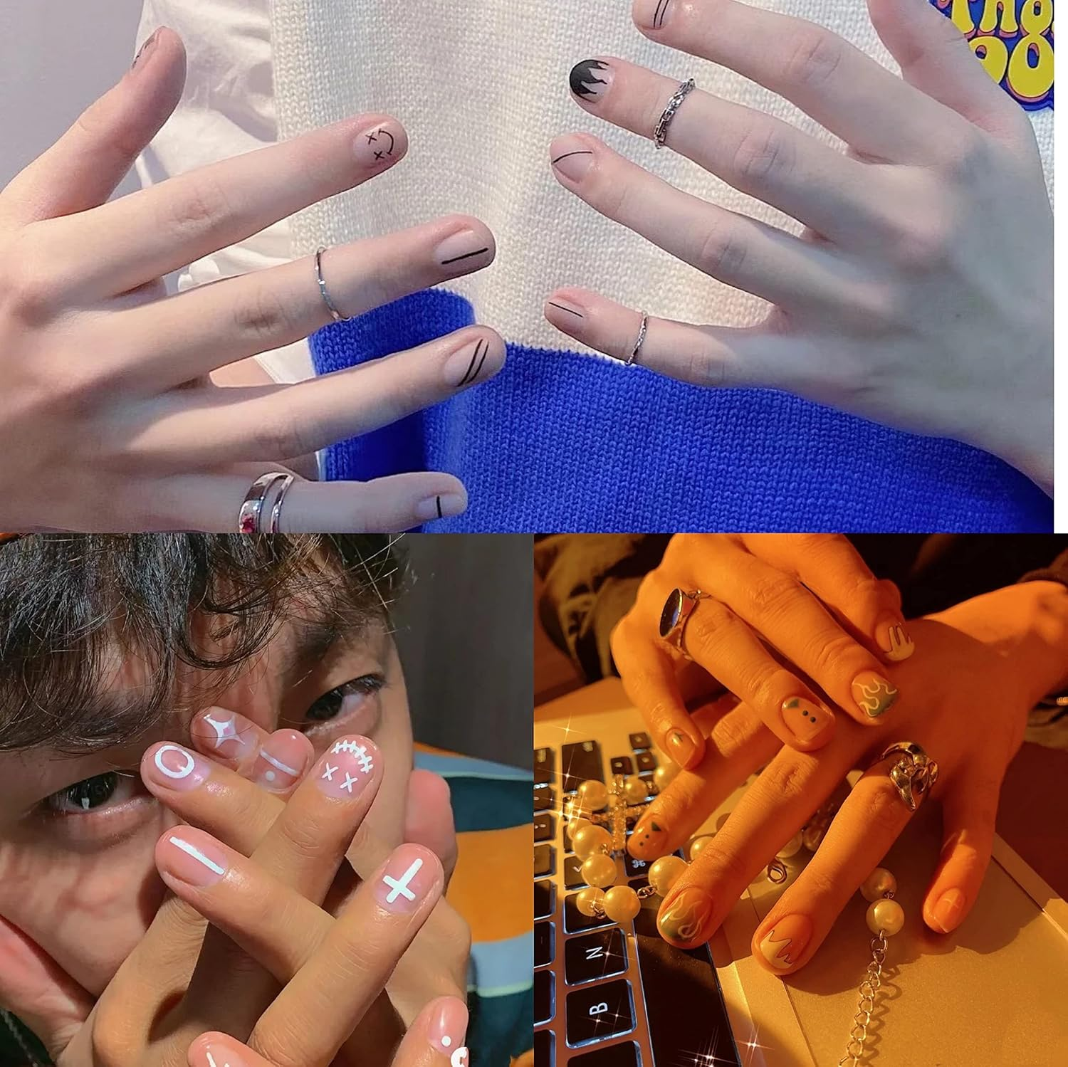 4 Sheets Klein Blue Flame Smile Face Nail Art Sticker Decals Ins Minimalist Style Klein Blue Nail Art Sticker Impressionist Lines Star Smile Face for Men and Women Nail Art Decoration (4 Colors) image number 3