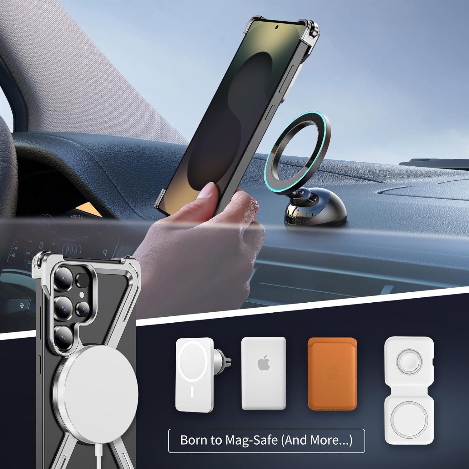 QIWEIQING Skeleton Case for Samsung S25 Ultra, Military-Grade Protection Magnetic 360&deg;Ring Kickstand Compatible with Magsafe Titanium Shockproof Bumper Cover for Galaxy S25 Ultra, Silver THJ image number 3