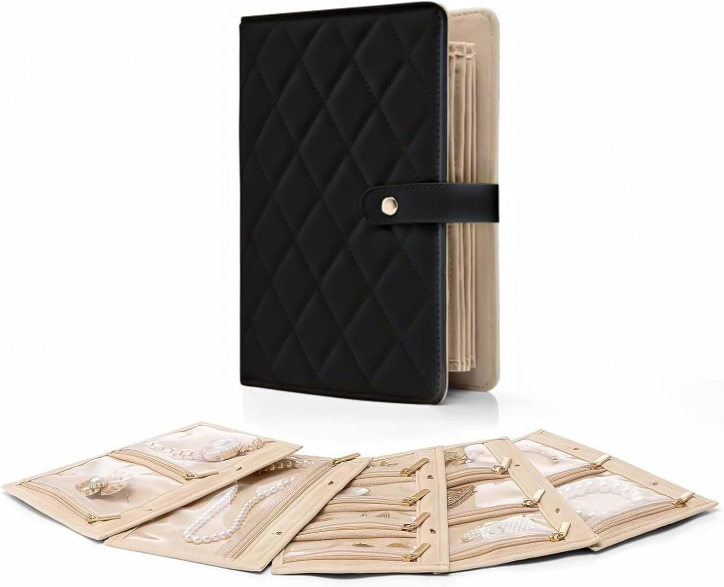 Travel Jewellery Organiser, Jewellry Home Storage Book Ring Binder with Clear Zipper Velvet Pouches for Rings, Necklaces, Earrings (Beige)