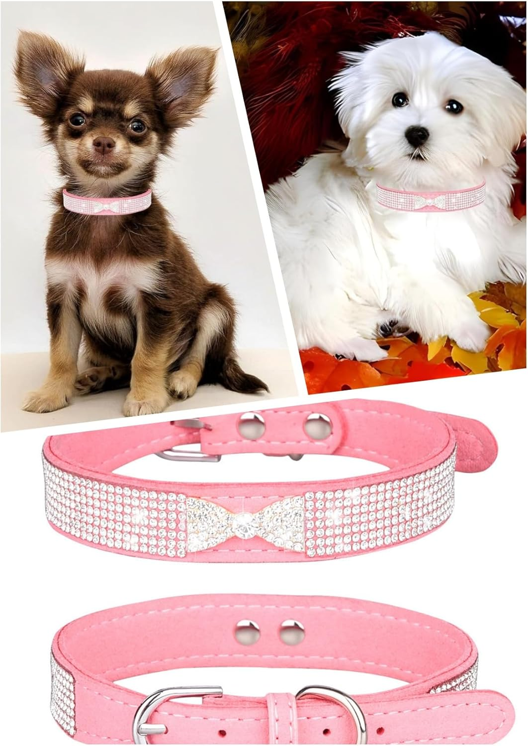 Rhinestone Sparkle Dog Cat Collar with Diamond Bowtie Bowknot Decoration, Adjustable for Small Medium Pets (Pink) image number 5