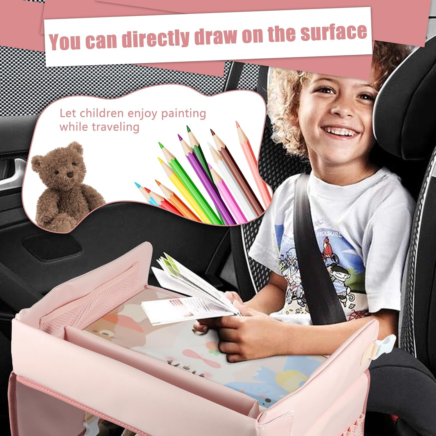 Kids Travel Tray Car Organizer, Waterproof Car Seat Table Tray for Kids, Toddler Car Seat Activity Table Tray,Portable Multifunction Car Lap Tray Backseat Tray for Airplane Drawing Watching TV image number 2