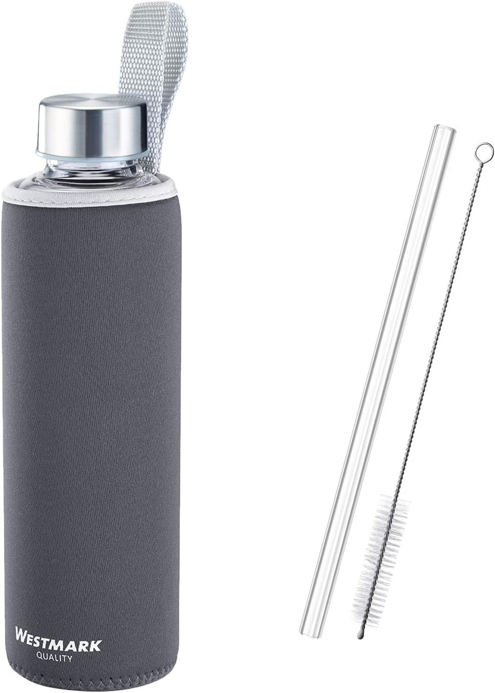 Westmark Drinking Bottle Set 2 Pieces 2 Glass Drinking Bottles with Print, Includes 1 Protective Cover, 1000 Ml, Glass, Silicone, Rubber, Bpa-Free, Viva, Red/Anthracite/Silver/Clear, 5274222E8