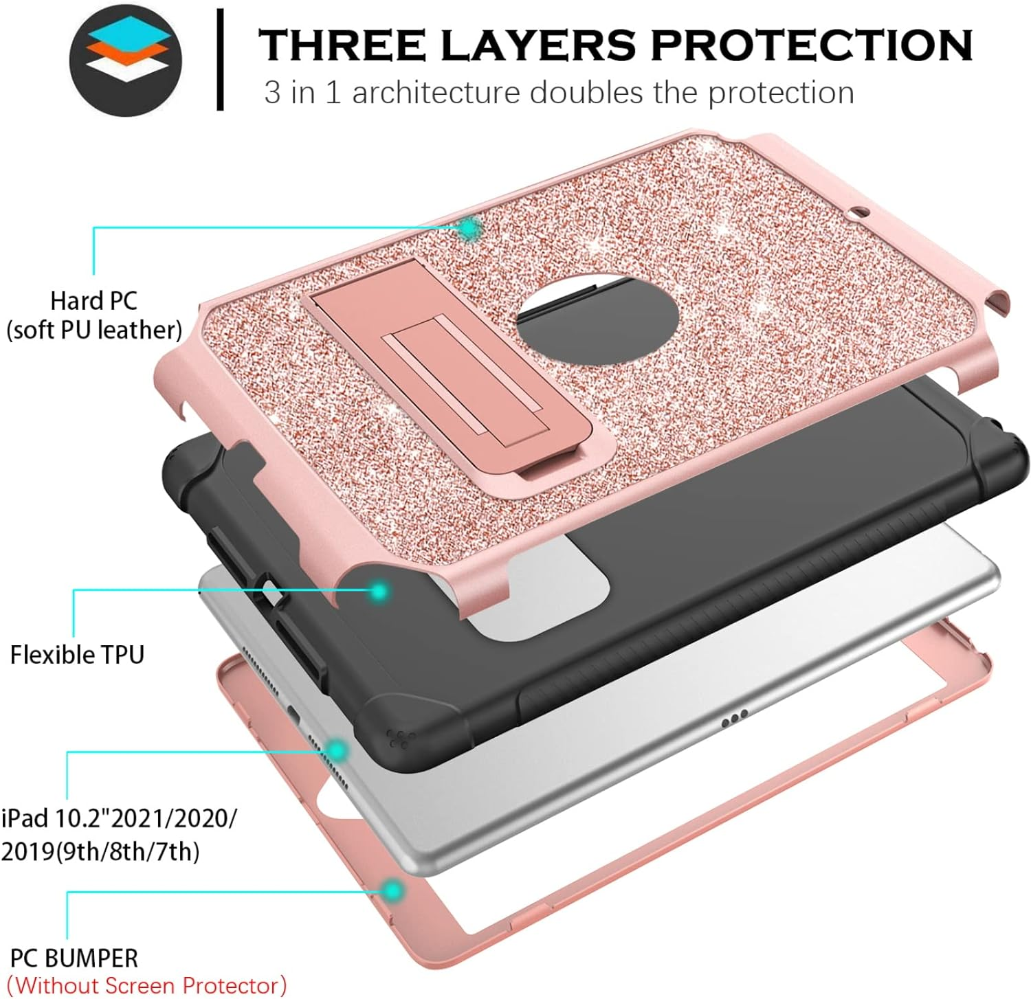 YINLAI Ipad 10.2 Case for Ipad 9Th 8Th 7Th Generation, Slim Glitter Bling Table Case for Kids Girls Women with Stand Shockproof Protective Cover Ipad 10.2 Inch 2021/2020/2019, Rose Gold/Pink image number 3