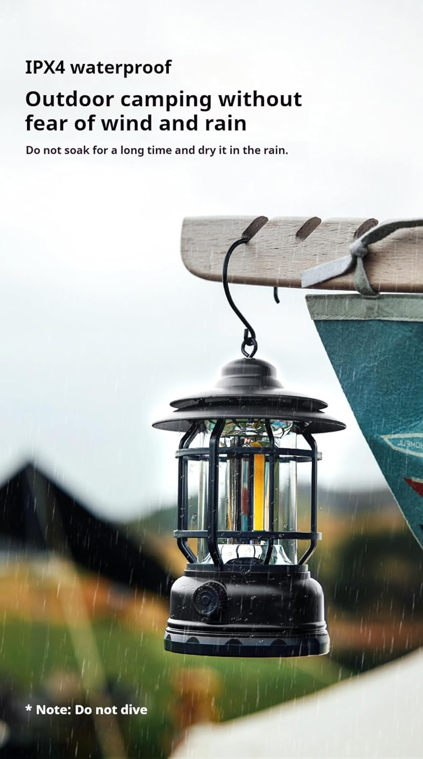 Clearhill Rechargeable Camping Lanterns, Portable LED Tent Light with Stepless Dimming, Waterproof Vintage Design, 360&deg; Illumination, USB-C Fast Charging, Indoor & Outdoor D&eacute;cor image number 2