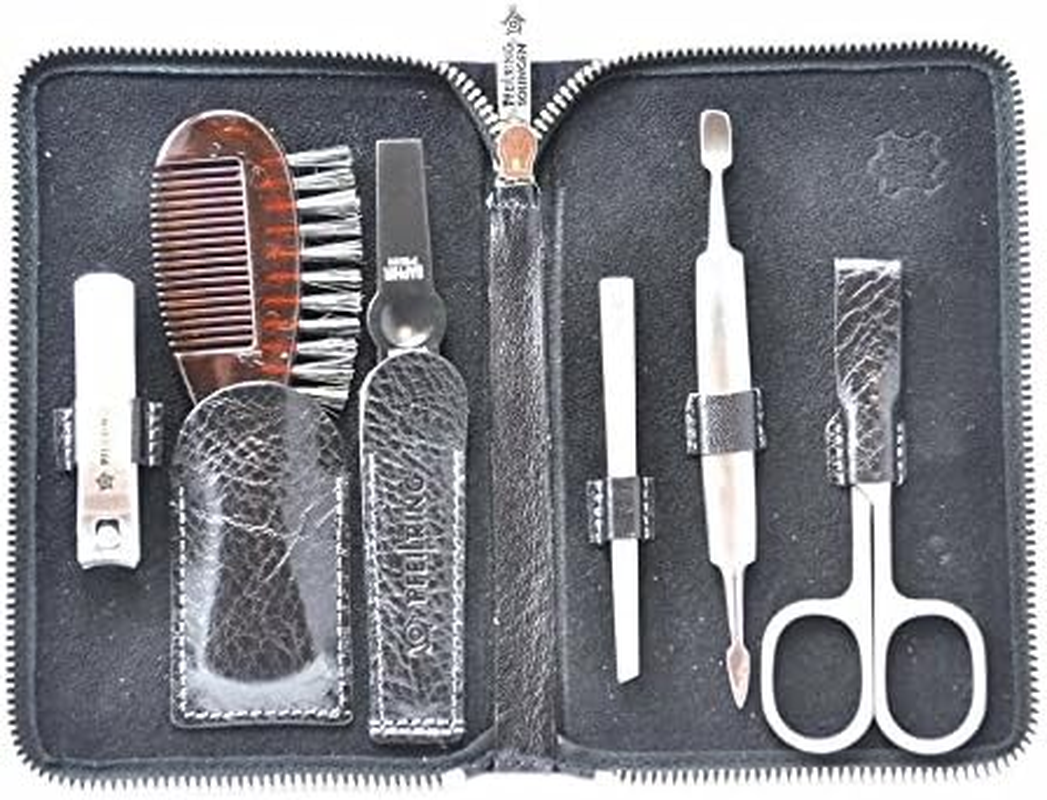 Pfeilring Manicure Case "Argentina" Cowhide Leather 6-Piece Nickel Filling (Nail File, Tweezers, Double Instrument, Nail Clippers, Combination Scissors, Beard Brush), Black, Pack of 6