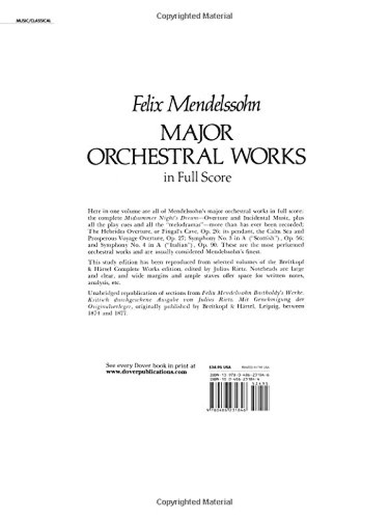Major Orchestral Works in Full Score: Includes Midsummer Night'S Dream, Hebrides Overture, Symphonies Nos. 3 and 4. image number 2
