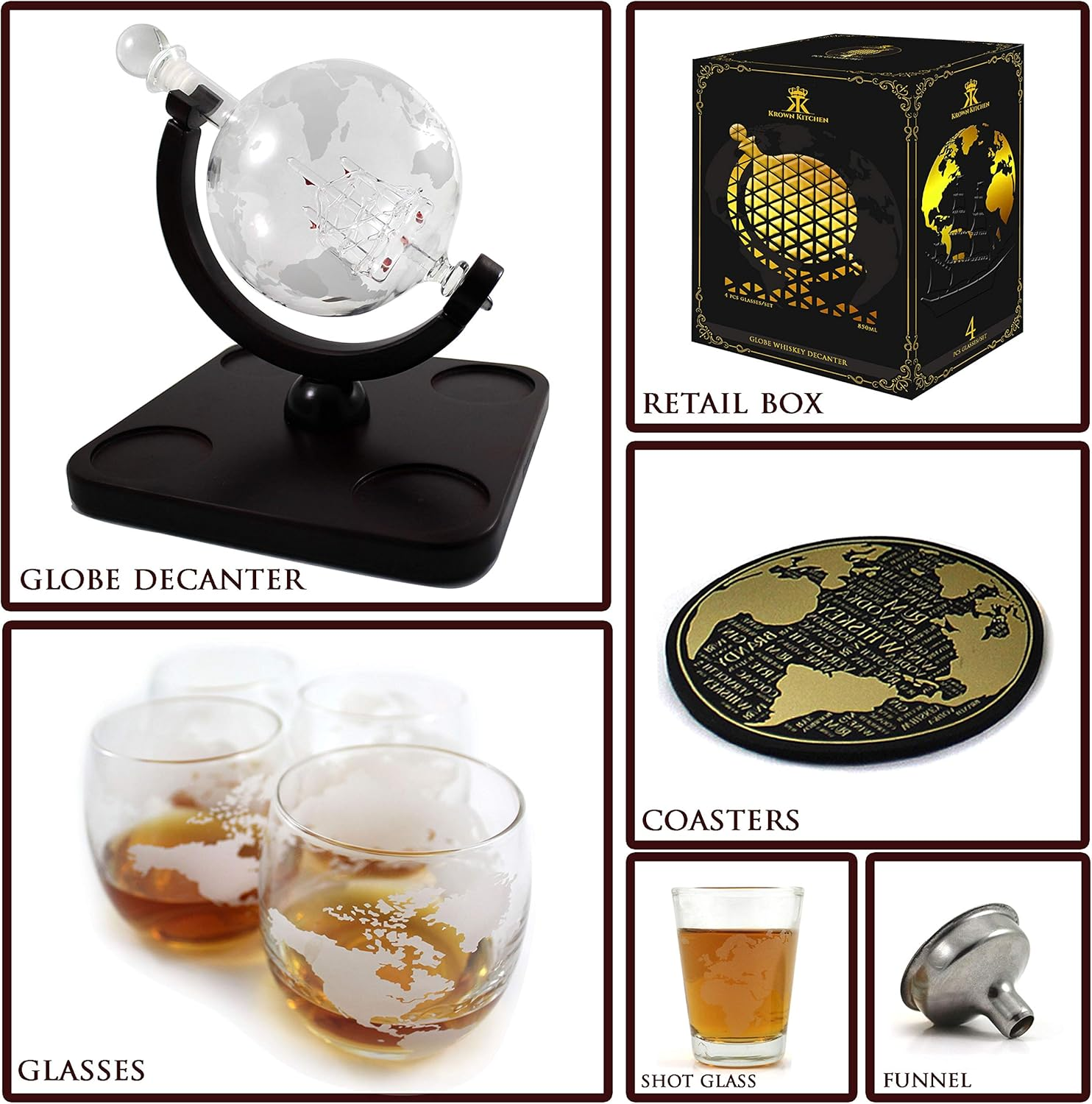 Krown Kitchen - Globe Decanter Gift Set. Includes Wood Base, 4 Glasses, 4 Coasters, Shot Glass, and Funnel. image number 5