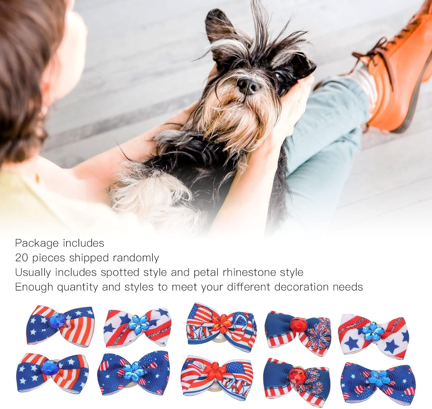 JOROBURO 20 Pcs Patriotic Dogs Hair Bows, Multicolor 4Th of July Pet Hair Bow with Durable Rubber Bands, Hand Made Hair Bowknot for Dog Hair Grooming Accessories image number 6