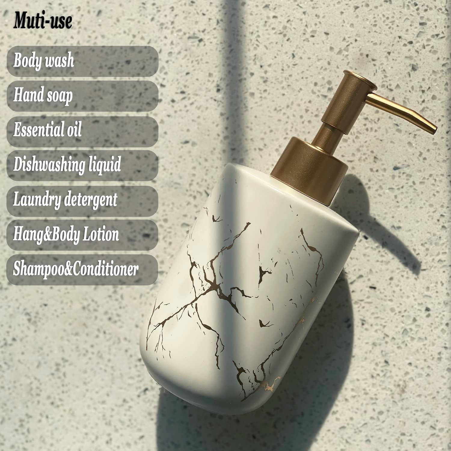Gold Ceramic Soap Dispenser for Bathroom White Soap Dispenser for Kitchen Dish Soap Dispenser with Marble Pattern Liquid Hand Soap Dispenser Pump Bottle (White)