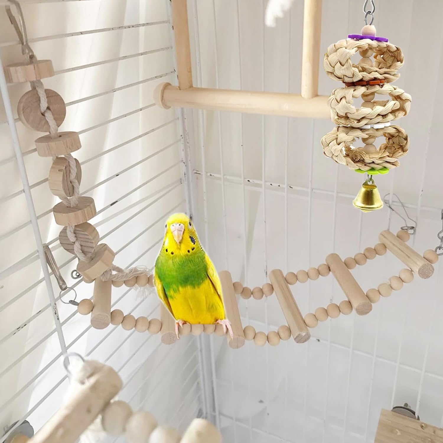 Bird Parrot Cage Swing Toys, Chewing Standing Hanging Perch Hammock with Climbing Ladder, for Budgerigar Parakeet Cockatiel Finches image number 4