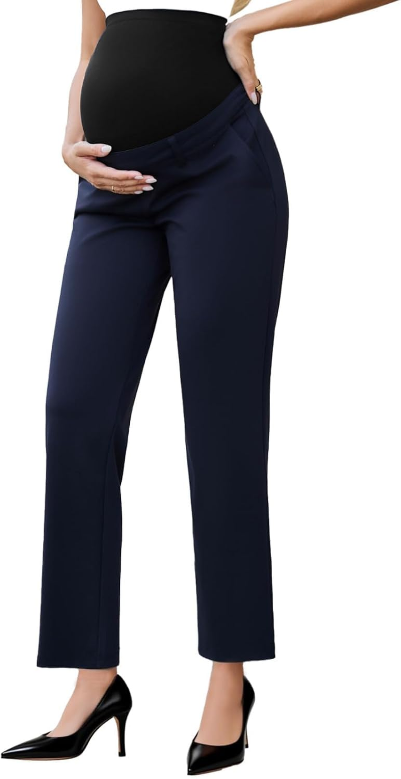 Ecavus Maternity Pants over the Belly Seamless Stretch Work Pants Dual Length Pregnancy Office Dress Pants with Pockets