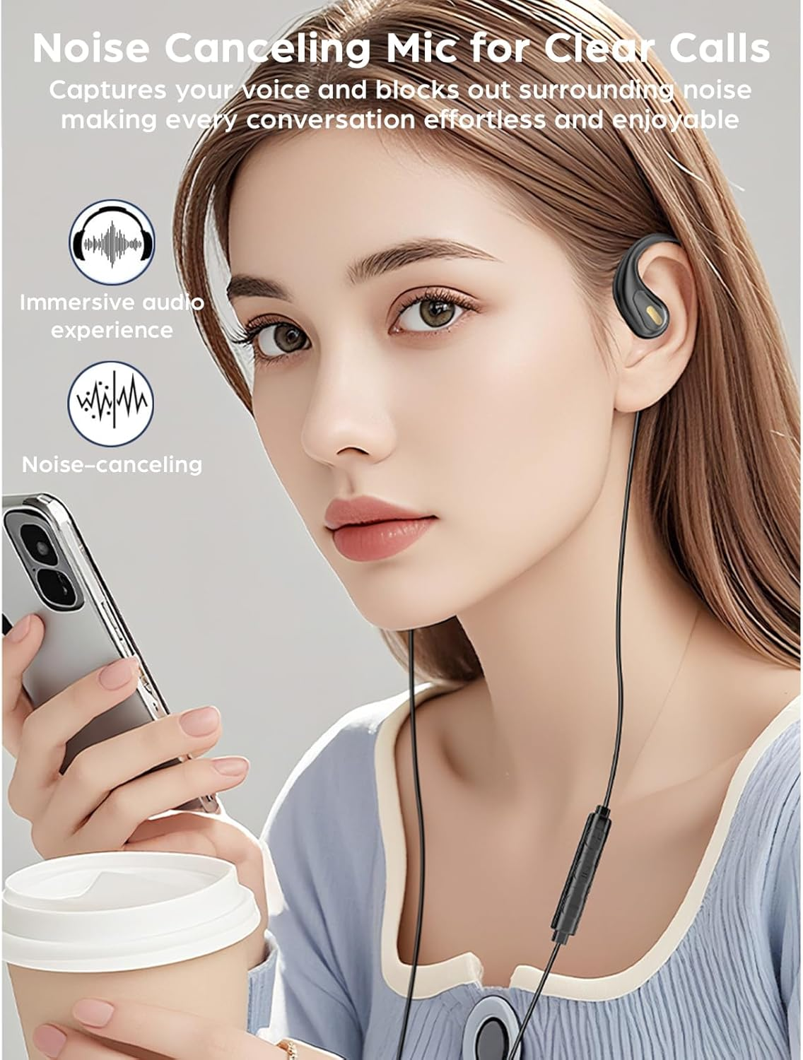 Fesoklaf 3.5Mm Wired Open Ear Headphones with Ear Hook, Running Headphones with Microphone and Inline Control, Air Line, Wired Stereo Headset for Sports, Cycling, Jogging image number 3