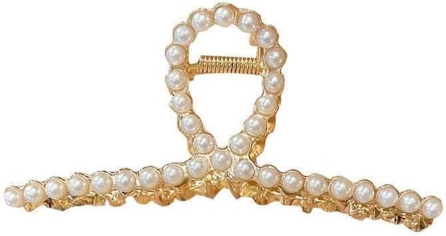 2 Pcs Matte Gold Pearl Gold Large Metal Hair Claw for Women with Pearls Non-Slip Hair Clips Thick Hair Threaded Gold Claw Clips Shining Strong Crab Claws Cross Hair Barrettes Hair Clips image number 5