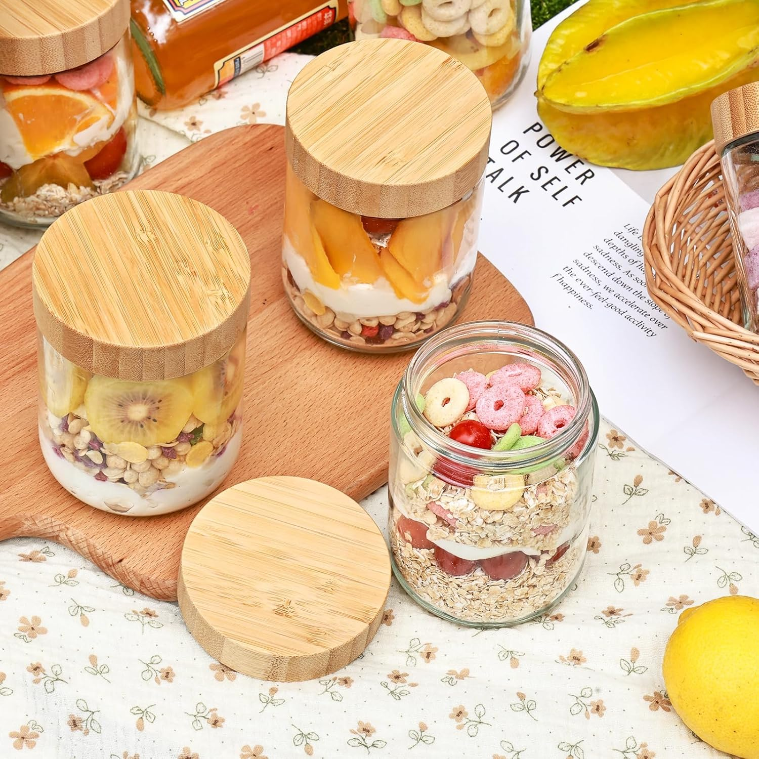 6PCS 16Oz Overnight Oats Containers with Bamboo Lids, Glass Jars with Airtight Lids, Wide Mouth Mason Salad Jars, Glass Food Storage Containers for Spice Sugar Snacks Yogurt image number 1