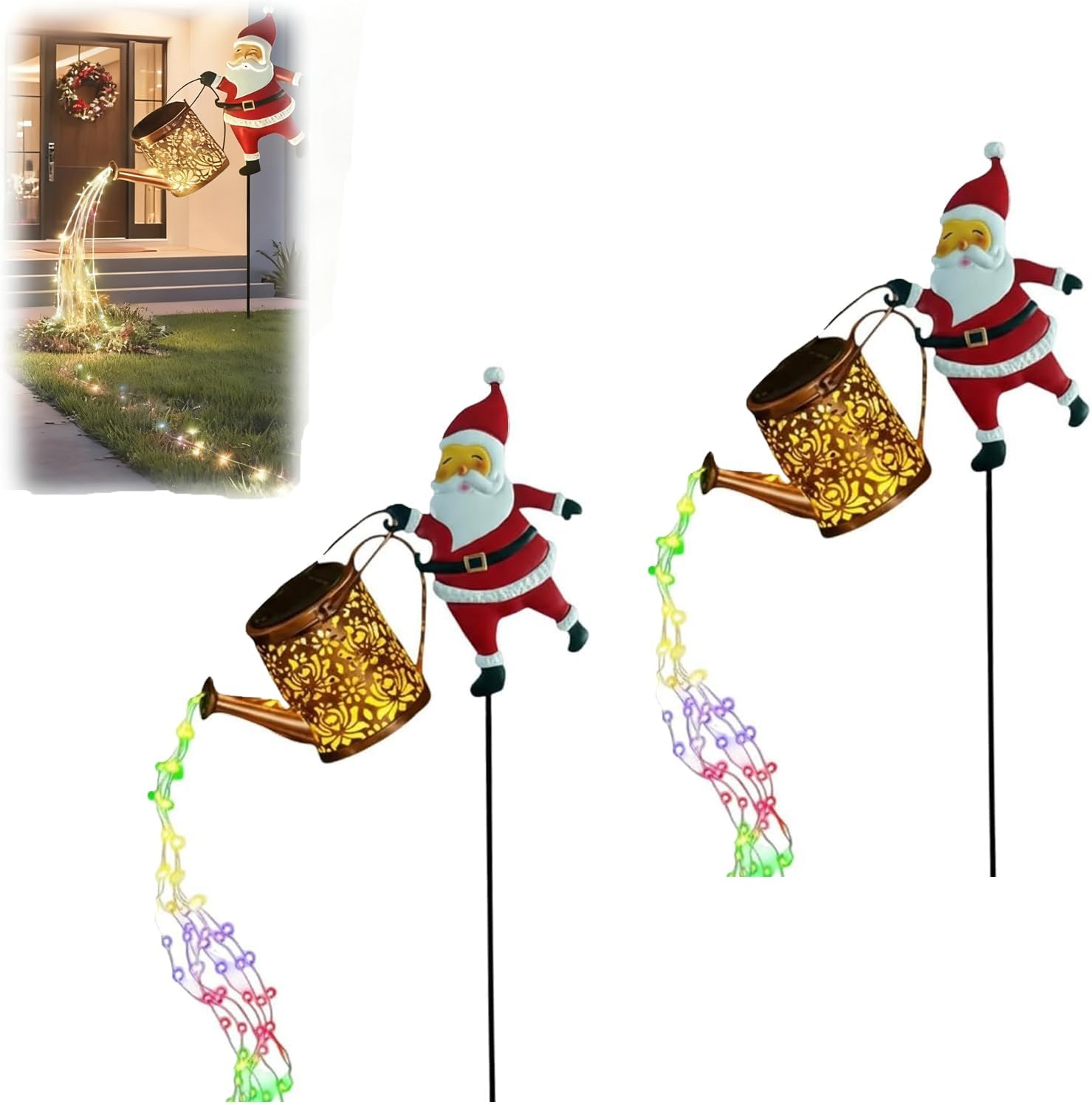 Christmas Santa Solar Kettle Lights, Garden Lawn Decorative Outdoor Waterproof Metal Watering Can with LED String Lights, Hanging Solar Lamp for Patio Yard Pathway Decorations Gifts (Color-2Pc) - Color B-1Pc image number 7
