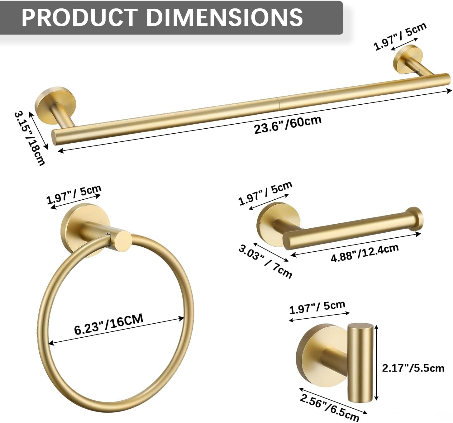Outdoorpal 5-Piece Bathroom Hardware Set in Brushed Dark Gold - 23.6 Inch Towel Bar & Rack Set, Crafted from Durable SUS304 Stainless Steel image number 6