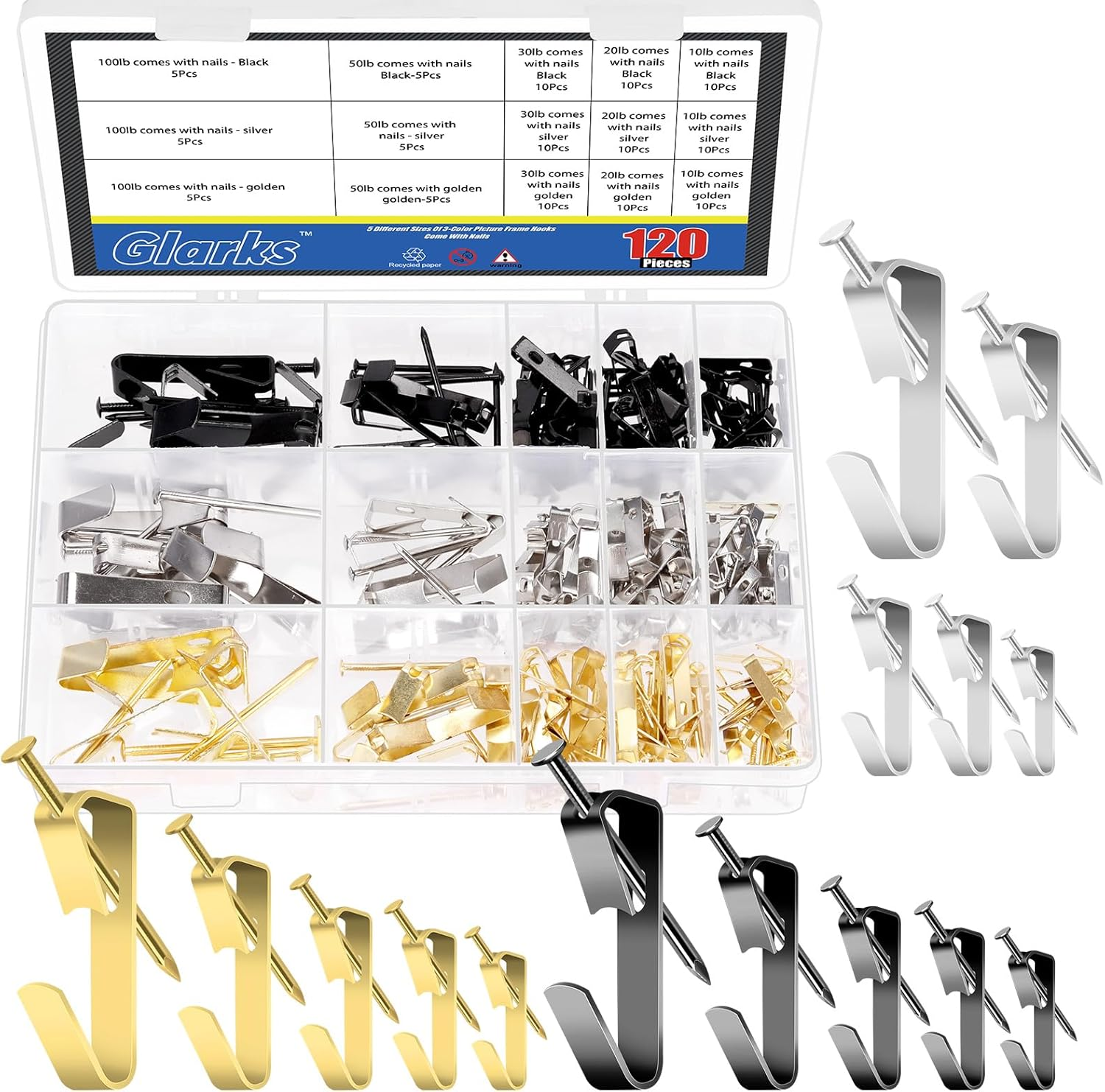 Glarks 75Pcs 10Lb/20Lb/30Lb/50Lb/100Lb Picture Hangers Hooks with Nails Kit, Black Picture Photo Hanging Hooks with Nails, Picture Hanging Kit for Frame, Painting, Art, Photo