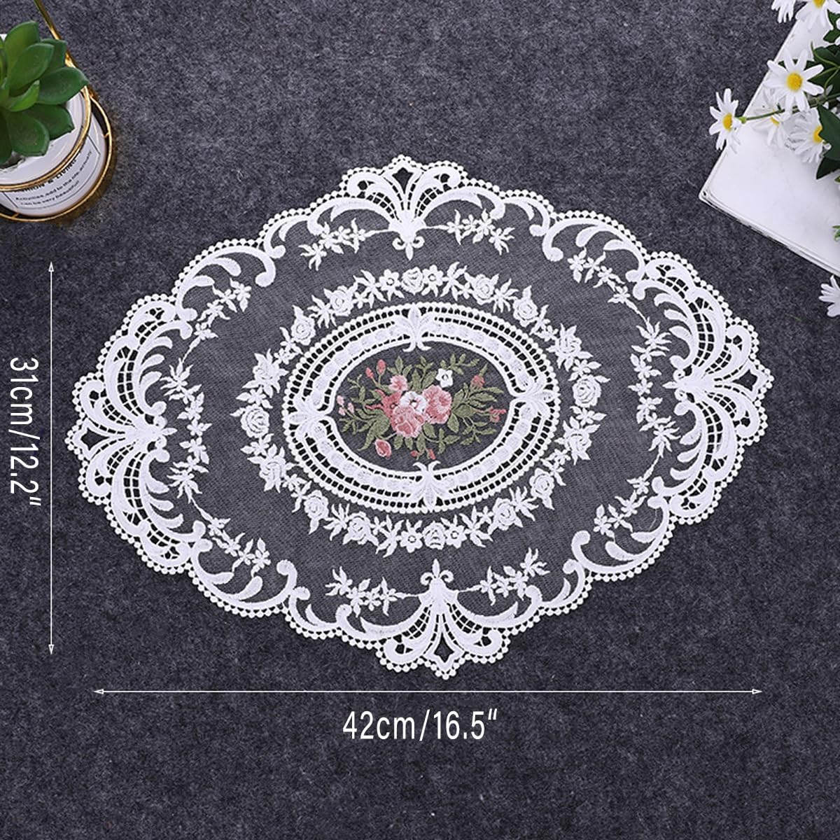 AIMALL 4-Pack Vintage Oval Crochet Placemats, Handmade French Lace Doilies, 12.2X16.5 Inches - Bean Paste image number 5