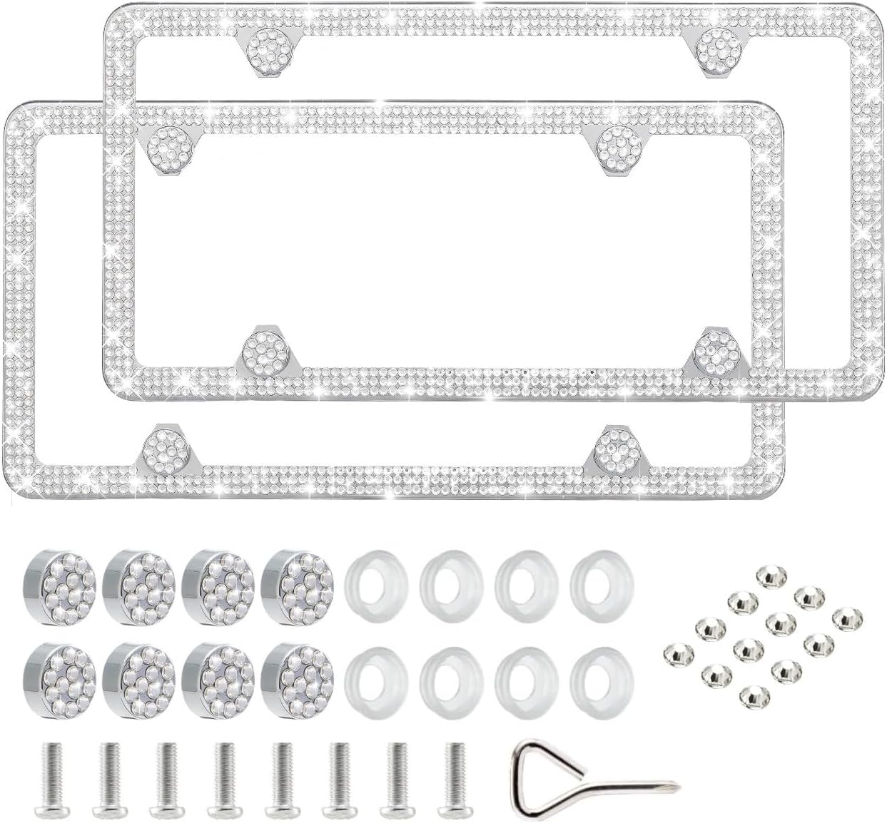 Bling License Plate Frame for Women,2 Pack Premium Stainless Steel Rhinestone Car License Plate Holder,Handmade Glitter Crystal Diamond Lincense Plate Cover,Bedazzled Sparkly Caps-Pink