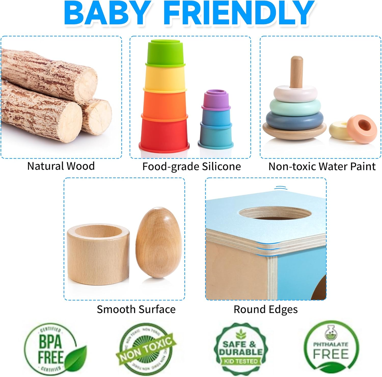 Montessori Toys for Babies 6-12 Months, 9 in 1 Educational Wooden Toys Set, Includes Object Permanent Box, Stacking Cups, Mirror Puzzle, Ring Stacker and More image number 4