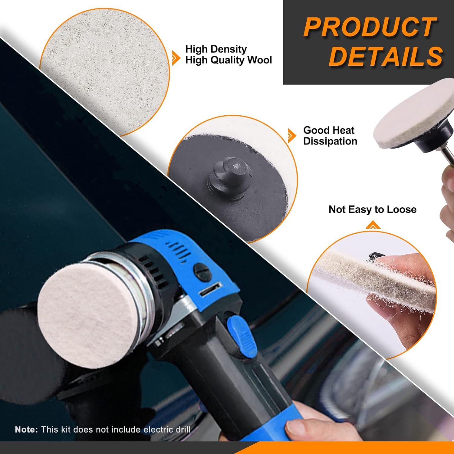 13Pcs 3" Compressed Wool Fabric Disc Felt Polishing Buffing Pads Wheels Compounds Kit with Black Emery, White Diamond for Polishing and Buffing image number 5