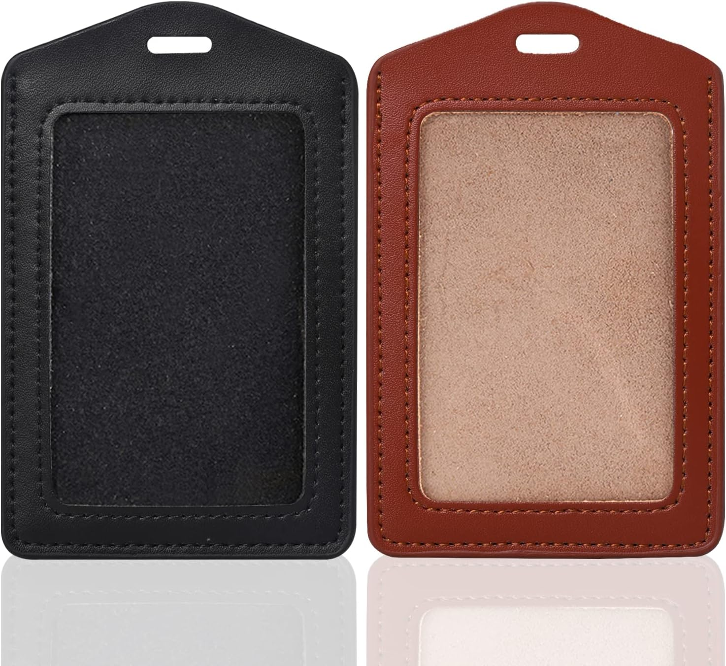 2 Pack Genuine Leather ID Badge Holders, Vertical ID Card Holders with Dual-Side Clear Window, Waterproof Name Badge Holde Suit for Office, Staff, Students, Employees(Blue&Coffee)