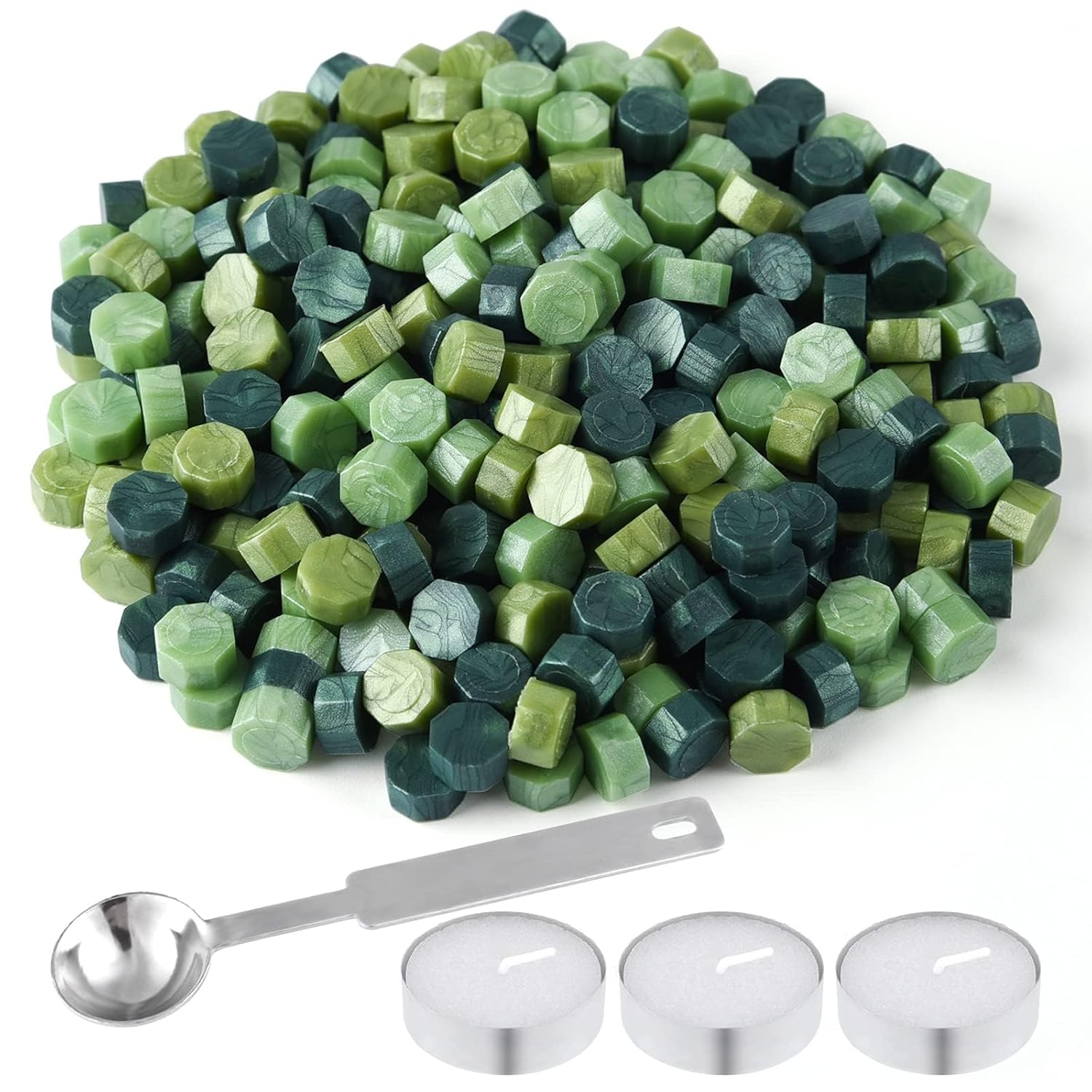 300 Pcs Octagon Sealing Wax Beads with 3 Pcs Tea Candles and 1 Pcs Wax Melting Spoon for Wax Stamp Sealing (Green Mix) image number 1