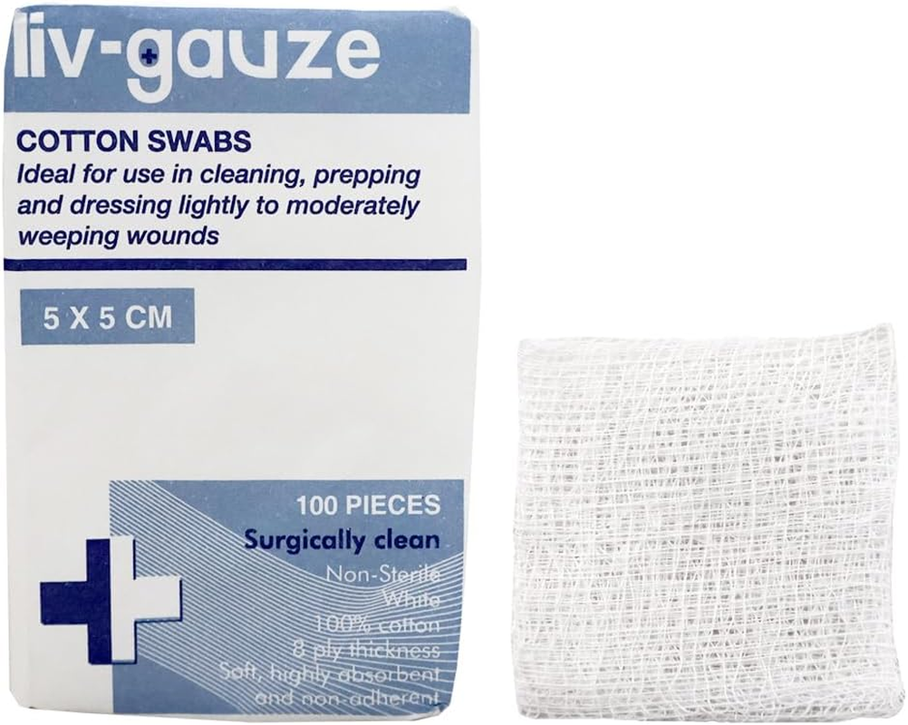 LIV GAUZE SWABS 5X5CM 8PLY NONSTERILE 100Pct COTTON 100/PK