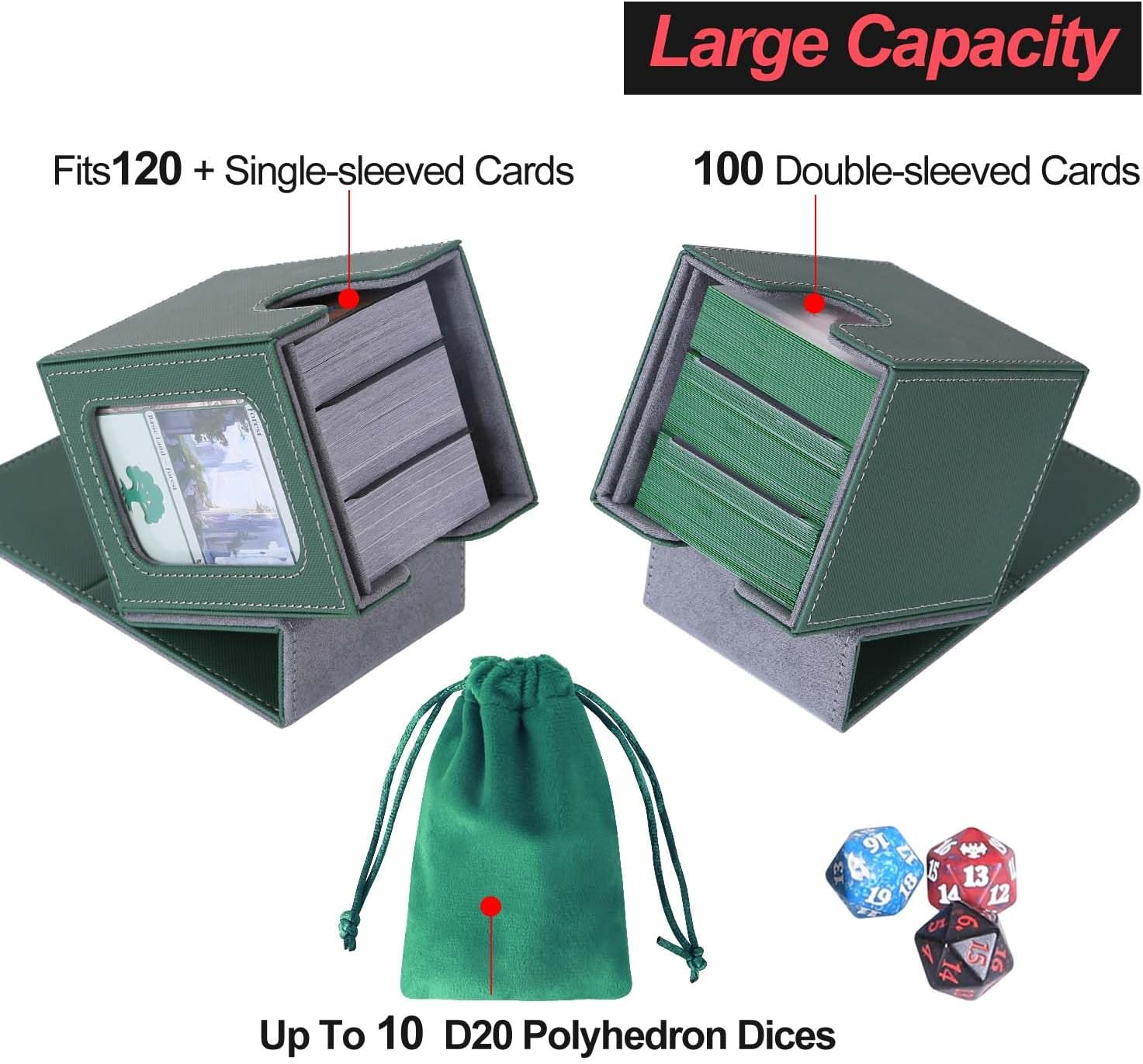 AFIING MTG Deck Box for Commander Display,Card Deck Box Fits 100 Double Sleeved Cards, Magic Commander TCG Card Storage Box with 2 Dividers,Drawstring Bag and 1 Toploader(Green/Grey) image number 3