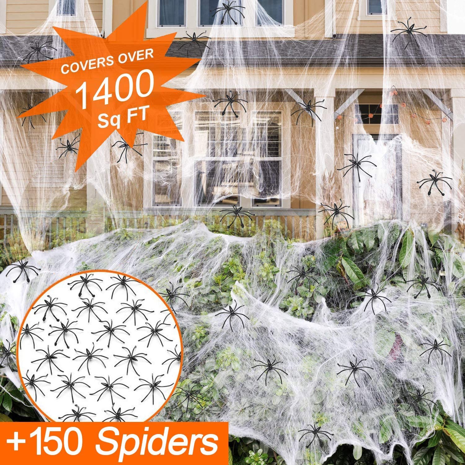 130Sqm Halloween Spider Webs Decorations with 150 Extra Fake Spiders, Super Stretchy Cobwebs for Halloween Decor Indoor and Outdoor