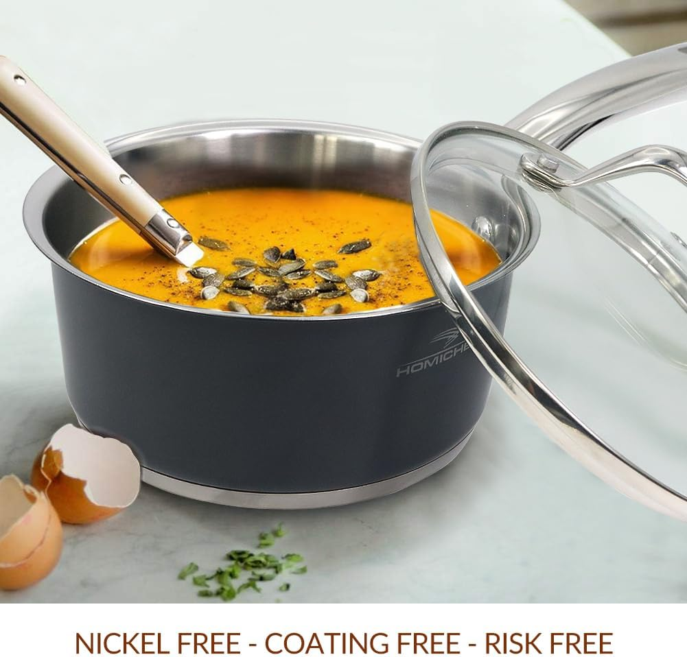 HOMICHEF Matte Polished Navy Gray Nickel Free Stainless Steel 0.95 L Saucepan with Glass Lid (No Toxic Non Stick Coating) - Small Saucepan Induction Pan with Lid - Elegant Non Toxic Cookware image number 1