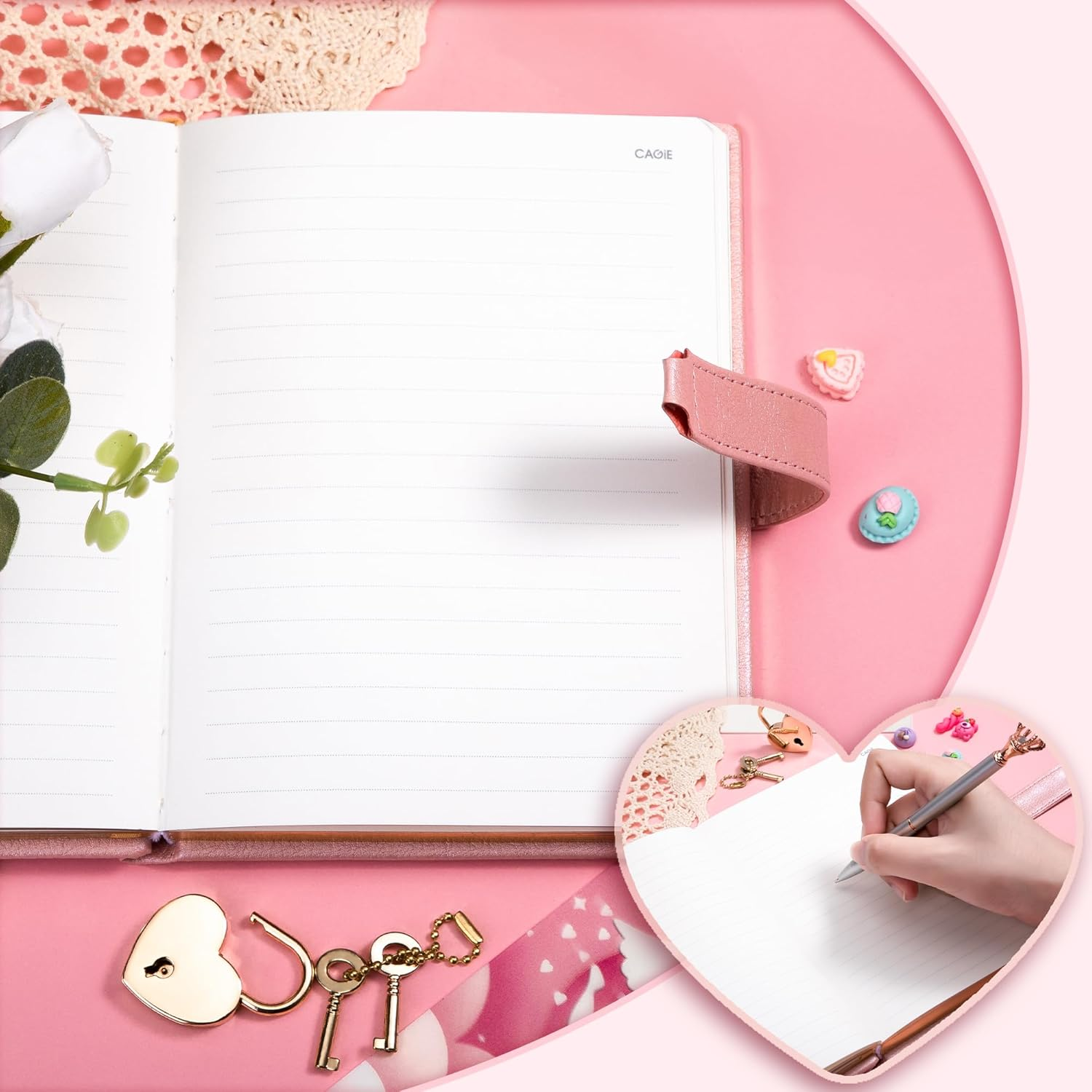 CAGIE Lock Diary for Girls with 2 Keys, Diary with Lock for Girls Ages 8-12, Heart-Shaped Locked Journal for Women, Gold Edged Pages 5.3 X 7 Inch image number 2