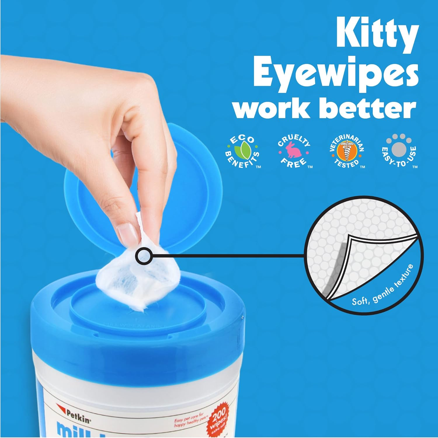 Petkin Kitty Eye Wipes, 40 Moist Wipes - Gentle Eye Cleaning Wipes Remove Dirt, Discharge, & Tear Stains - Safe, Convenient, Easy to Use Pet Wipes for Cats & Kittens - Ideal for Home or Travel