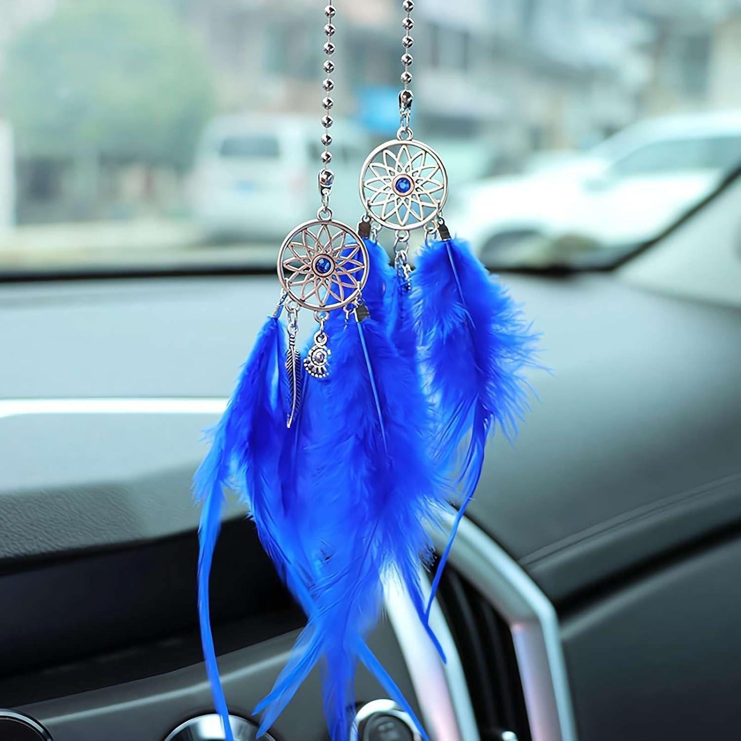 Mini Dream Catcher Car Interior Rearview Mirror Hanging Decor, Feather Dream Catcher Crystal Charm Bling Deco Accessories, Bling Car Deco Accessories for Women (Royal Blue) image number 1