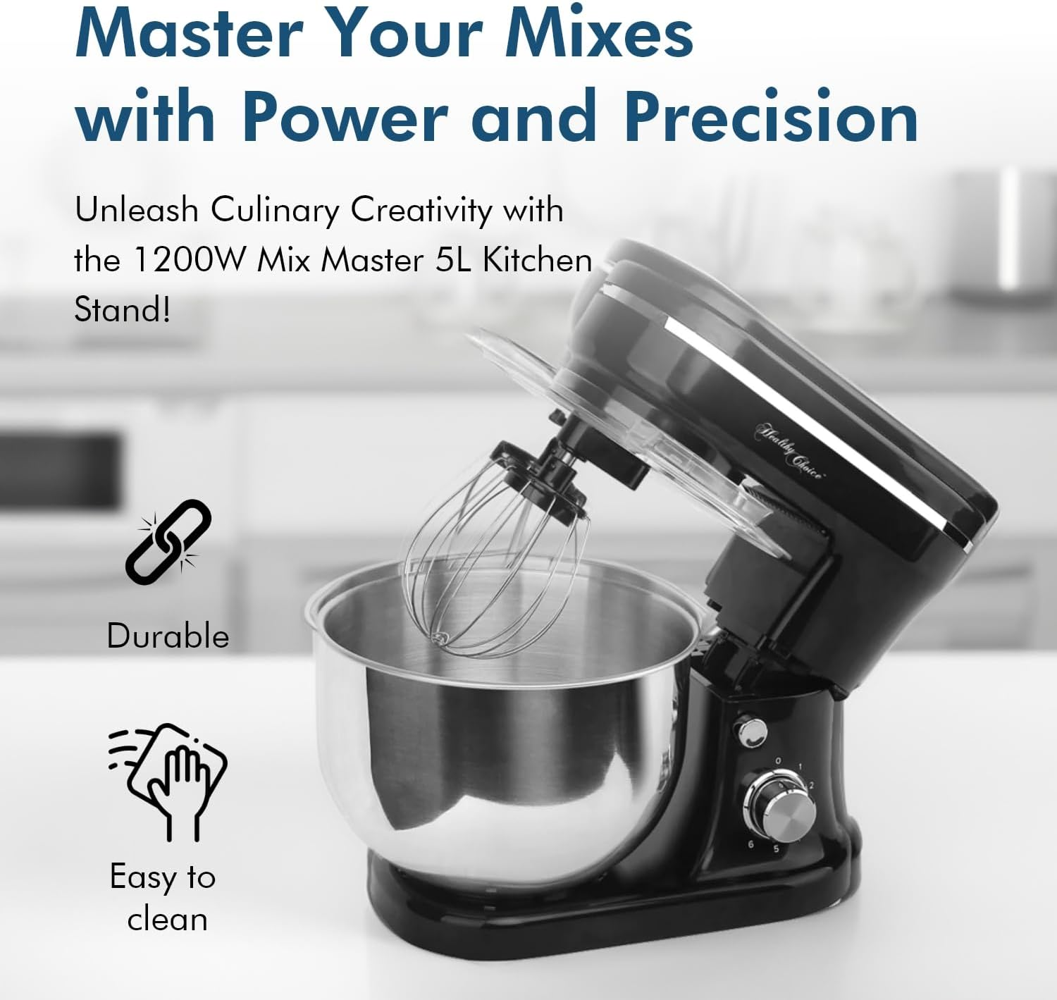 Healthy Choice Kitchen Mixer 1200W Stand Mixer - Planetary Mixing, Robust Gear Mechanism, Electronic Speed Settings, 5L Stainless Steel Bowl, Pouring Shield - Black (MMX1200) image number 3