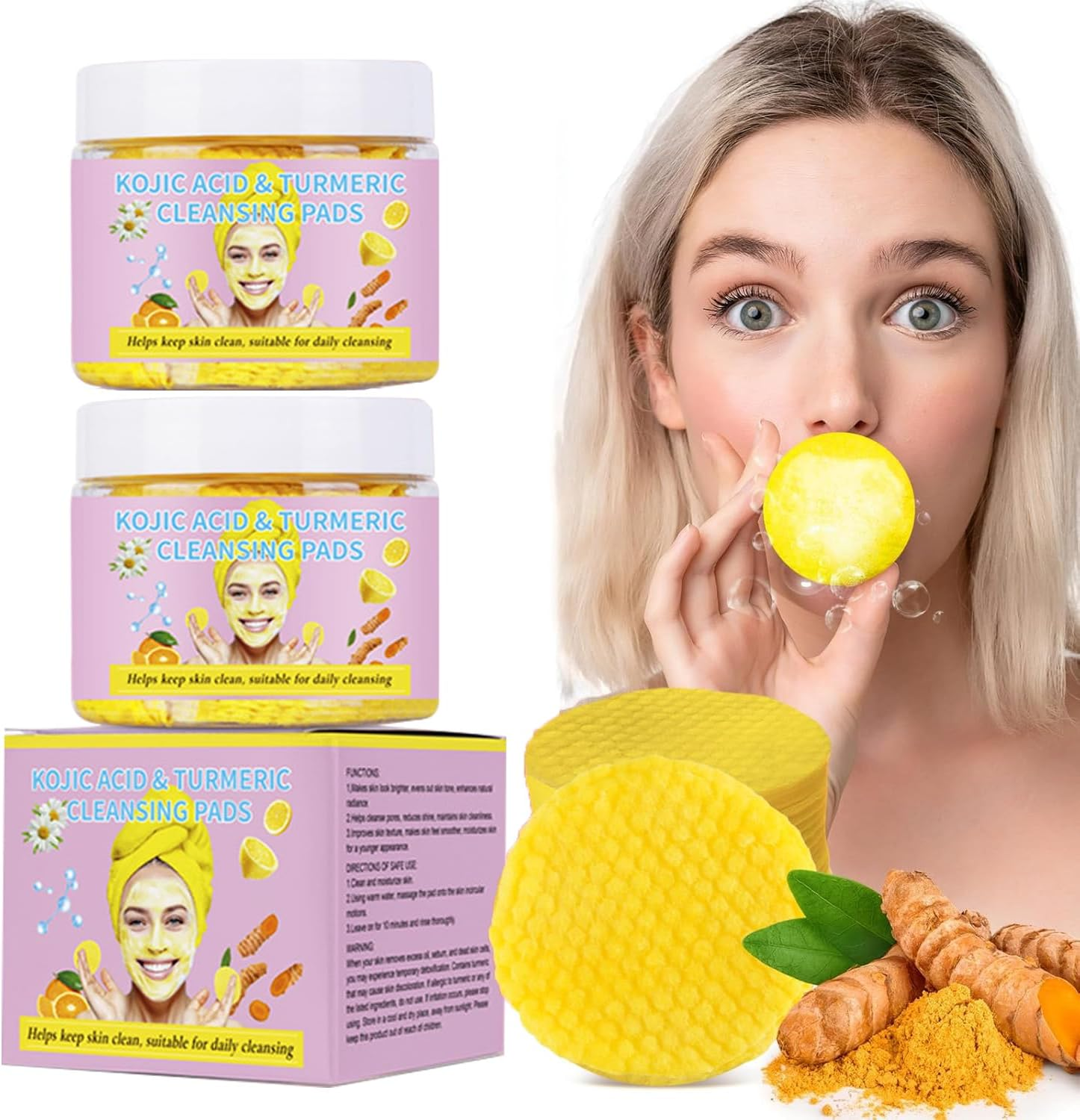 Kojic Acid & Turmeric Cleansing Pads - 100 Facial Cleansing Wipes with Vitamin C & B5 for Brightening, Exfoliating, Hydration & Gentle Dead Skin Removal | Hypoallergenic, Dermatologist-Tested image number 1