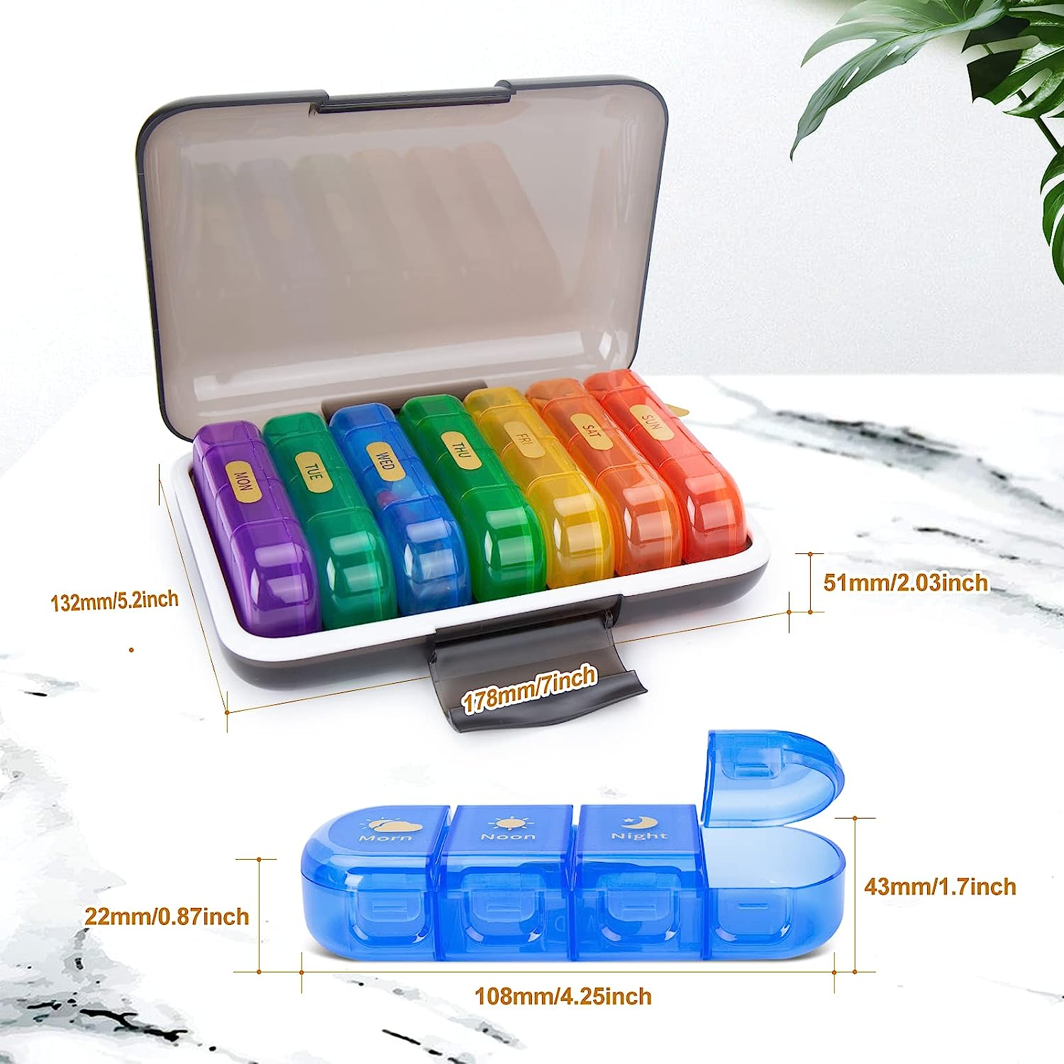 Pill Organizer 4 Times a Day,Pill Box,Medicine Organizer with Removable Days,Portable 7 Day Pill Case for Travel Pill Containers for Vitamins Fish Oils Supplements（Seven Colors+Black Shell） image number 6