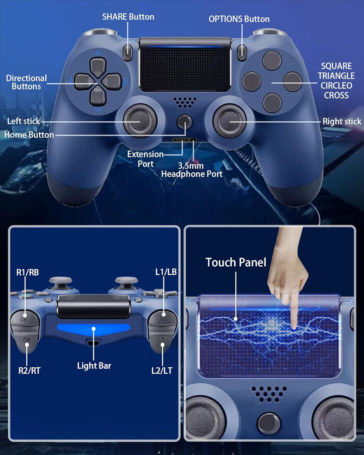 2Pcs Wireless Controller for P-S4,Compatible with P-S4/Pro/Slim/Pc Bluetooth Controller,Dual Vibration,Touch Panel, 3.5Mm Audio Jack,Six-Axis Joystick,Midnight Blue image number 4