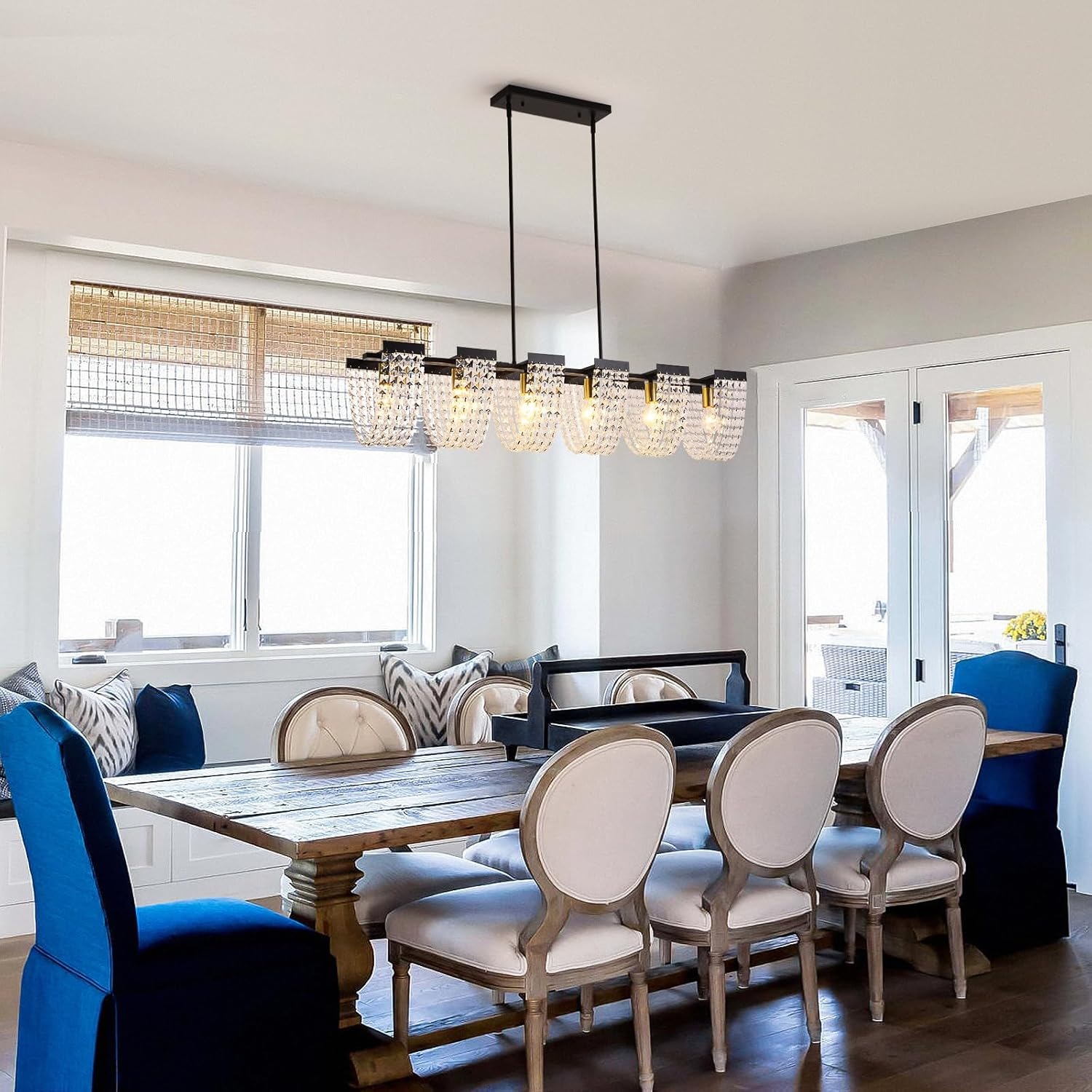 Ganeed 6-Light Kitchen Island Lighting, Farmhouse Crystal Chandelier Vintage Linear Pendant Light Fixture for Dining Room Living Room (E27 Bulbs, Not Included) - 40W/Dimmable image number 2