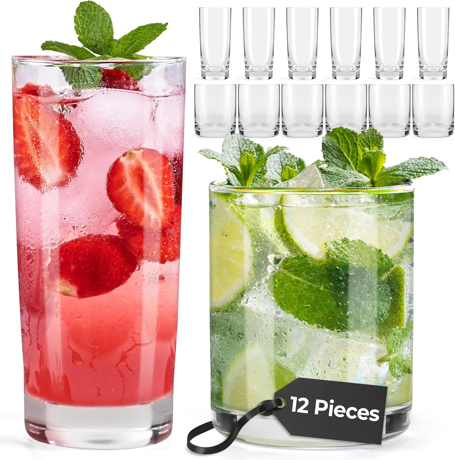 MIAMIO - Drinking Glasses Set of 12/6 X Small 370 Ml and 6X Big 450 Ml Glass Cups for Water, Cocktails, Tea and Beer - Dishwasher Safe image number 4