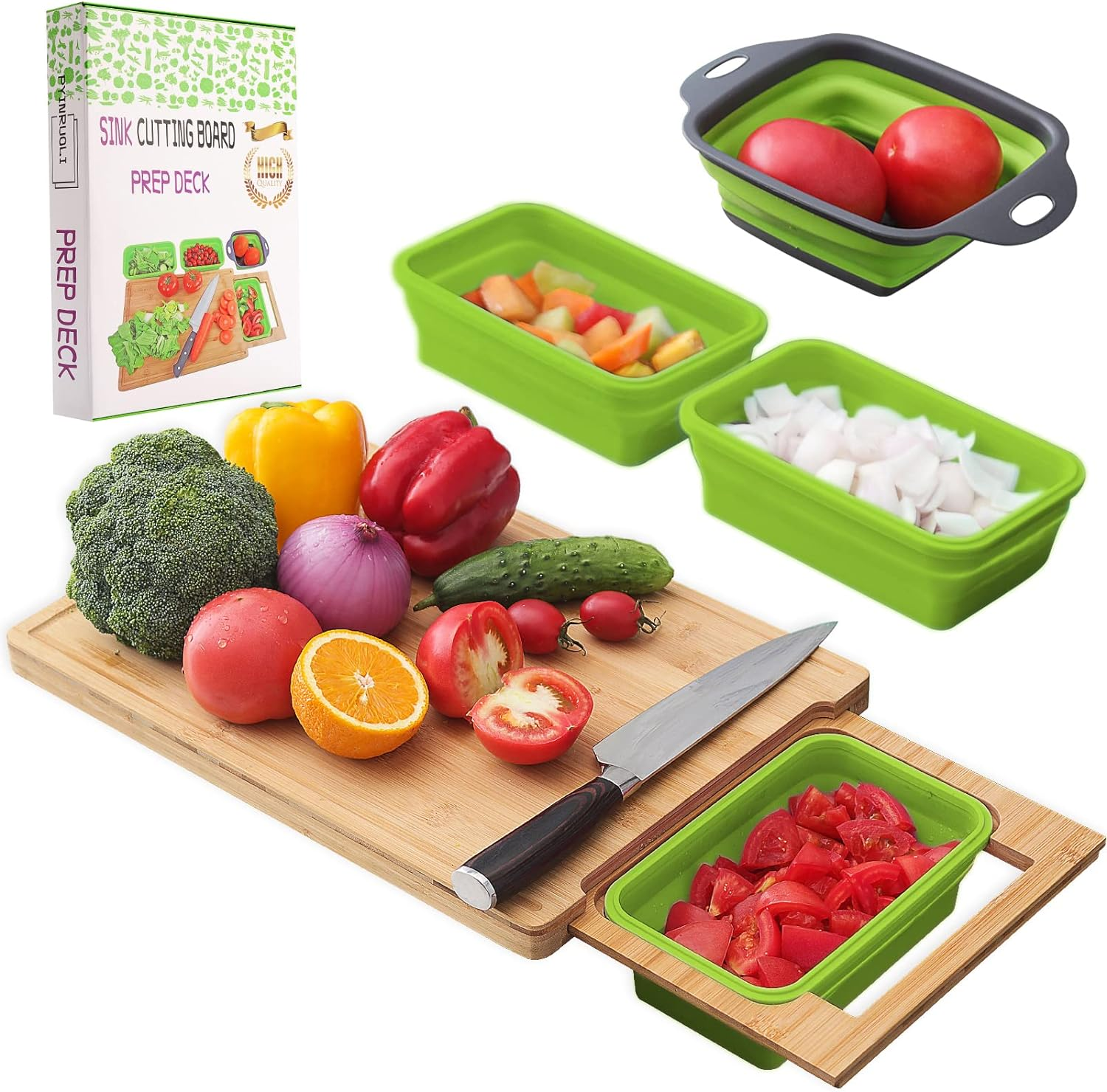 Expandable Bamboo Cutting Board with Containers,Over the Sink Cutting Board for Kitchen,Meal Prep Deck for Food (Green) image number 2