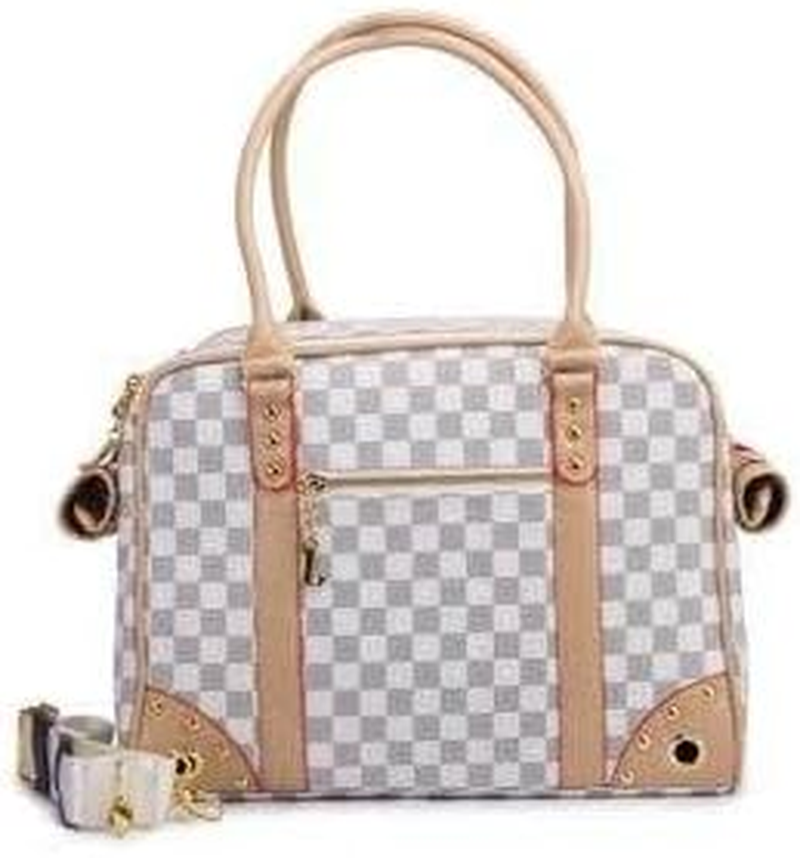 Luxury Travel Pet Carrier Tote, Checkerboard Pattern, White and Gold, for Small Dog, Tote Dog Bag for Puppy