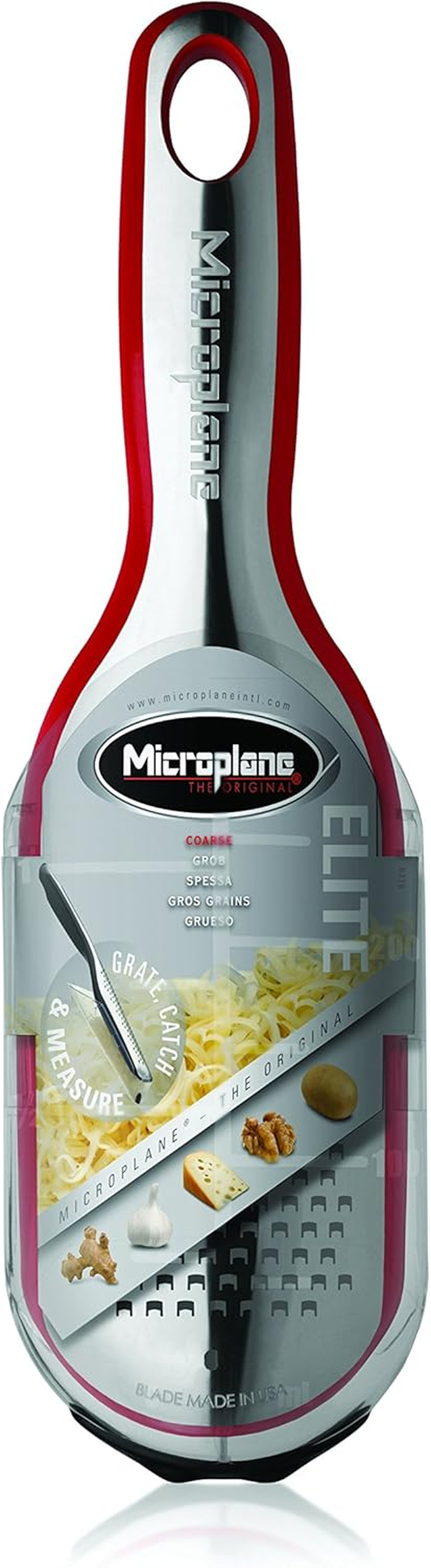 Microplane Elite Series Extra Coarse Grater - 18/8 Stainless Steel Blade, Photo-Etched Blade Technology, Soft-Grip Handle, Non-Slip Base, Dual-Purpose Cover and Measuring Cup - Black - Coarse, Red